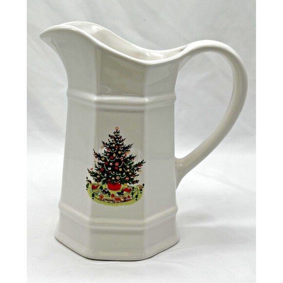 VINTAGE Pfaltzgraff Heritage Stoneware Christmas Pitcher 1 Qt / 32 oz w Tree 8" - Picture 1 of 11
